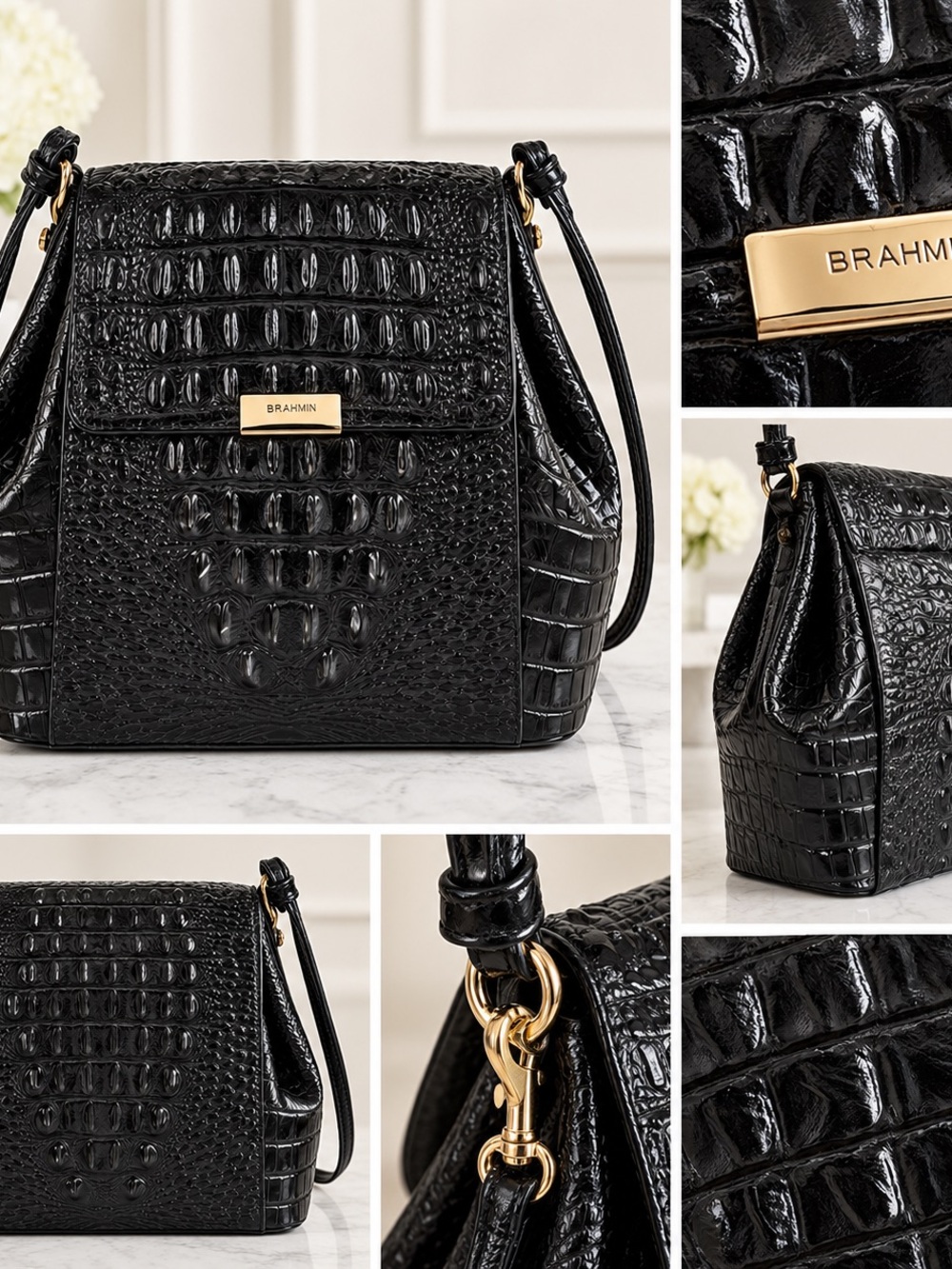 Brahmin Black Croc-Embossed Shoulder Bag with Gold Plaque